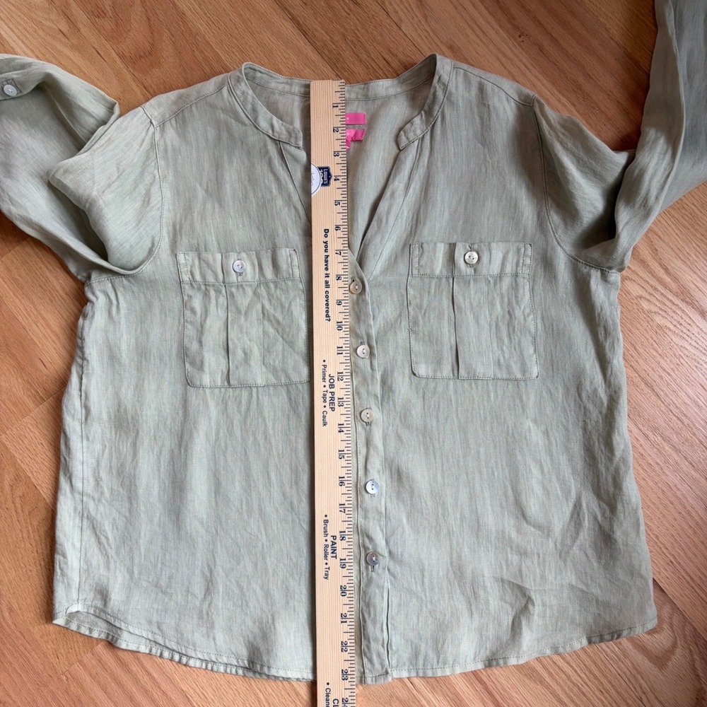 Isaac Mizrahi Womens Linen Roll Tab Relaxed Shirt Green Size M Coastal Summer - Picture 8 of 10